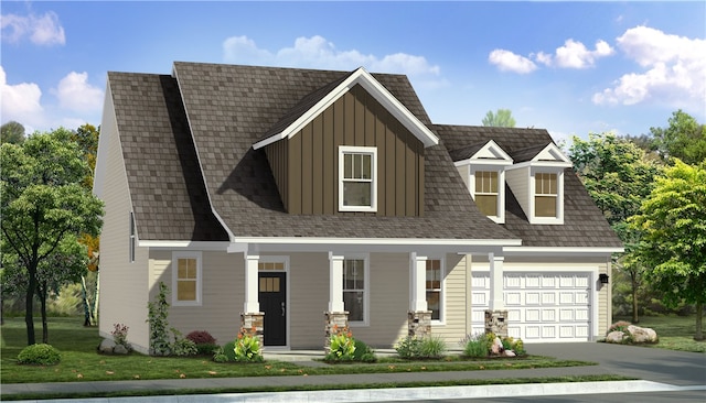 view of front of property featuring board and batten siding, covered porch, and driveway