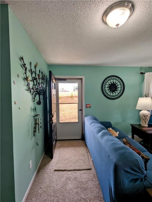 carpeted living room featuring a textured ceiling