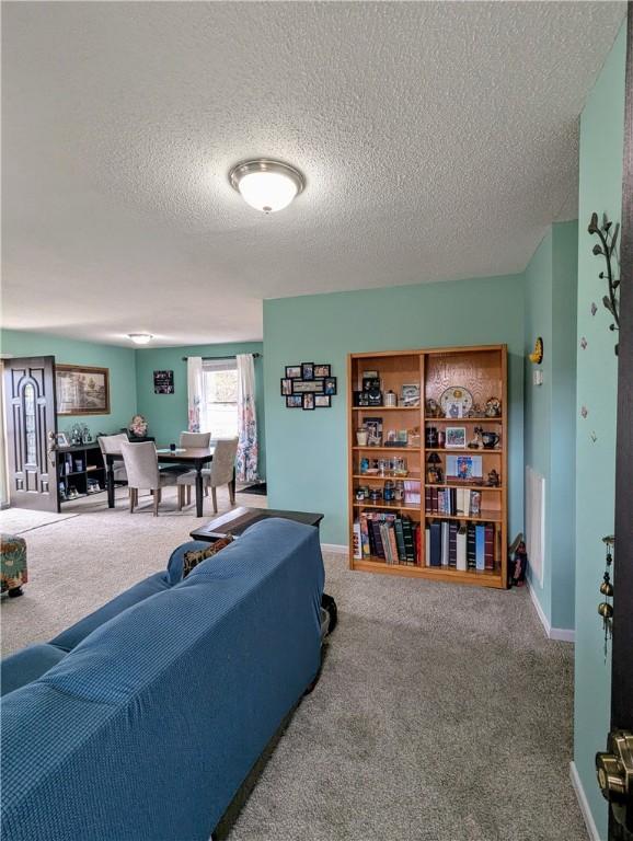 living room featuring carpet floors and a textured ceiling