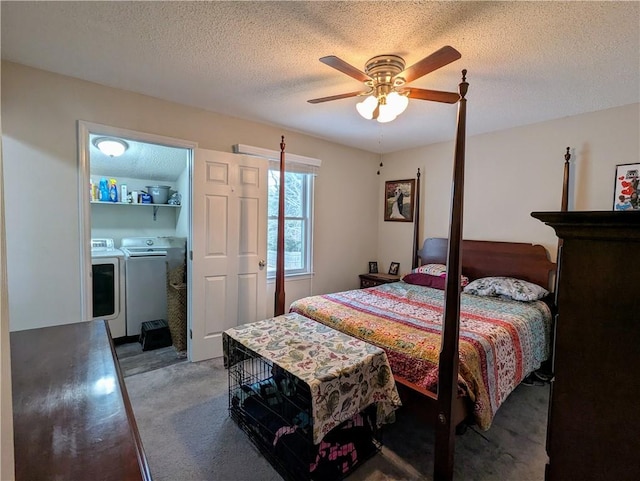 bedroom with separate washer and dryer, ceiling fan, a textured ceiling, and carpet