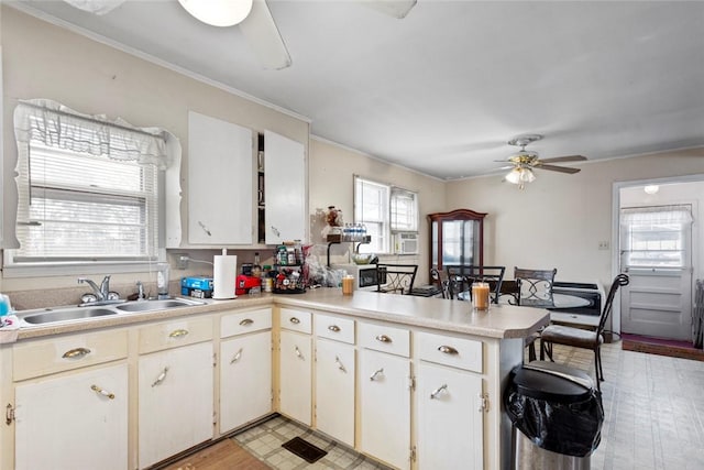 kitchen with white cabinetry, plenty of natural light, sink, and kitchen peninsula