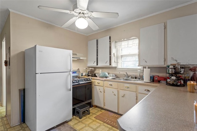 kitchen with sink, white cabinetry, electric range oven, white refrigerator, and ornamental molding