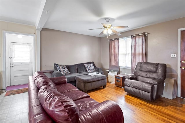 living room with hardwood / wood-style floors and ceiling fan