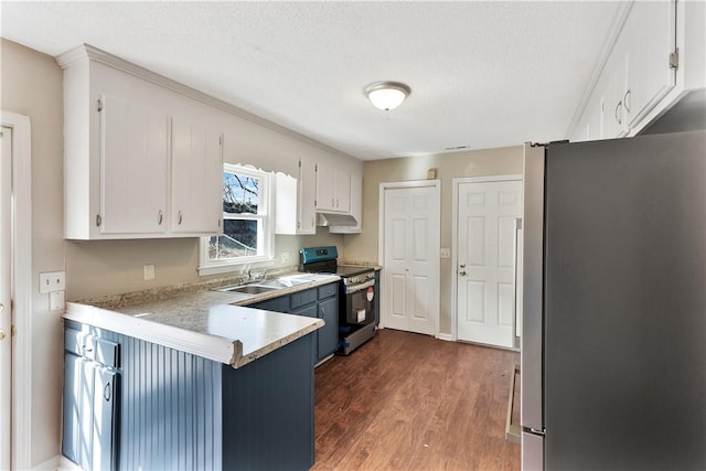 kitchen featuring sink, appliances with stainless steel finishes, white cabinets, dark hardwood / wood-style flooring, and kitchen peninsula