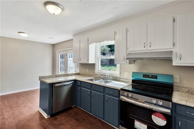 kitchen with white cabinetry, stainless steel appliances, blue cabinets, and sink