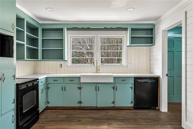 kitchen featuring dark wood-style floors, open shelves, light countertops, a sink, and black appliances