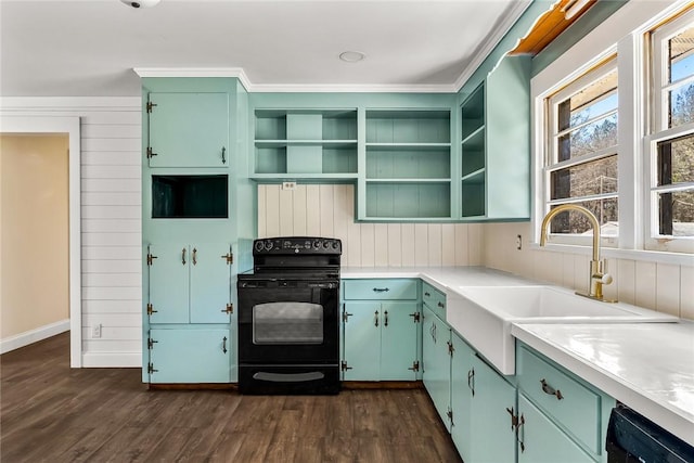 kitchen with dark wood-style floors, open shelves, light countertops, a sink, and black appliances