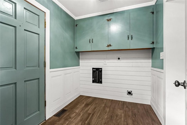 laundry room featuring cabinet space, visible vents, ornamental molding, dark wood-style flooring, and hookup for an electric dryer