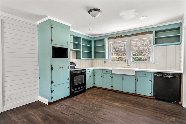 kitchen with open shelves, black appliances, and light countertops