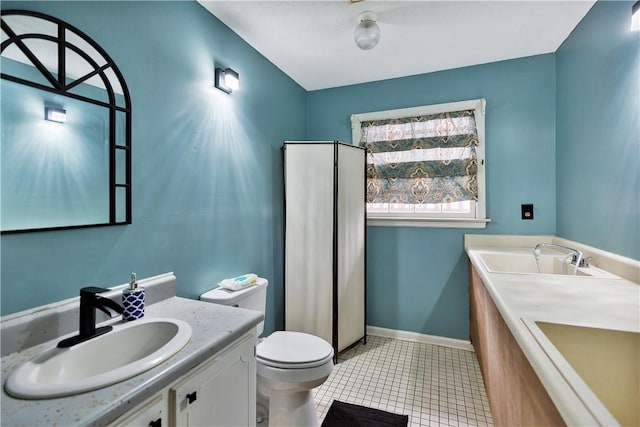 bathroom featuring vanity, tile patterned floors, and toilet