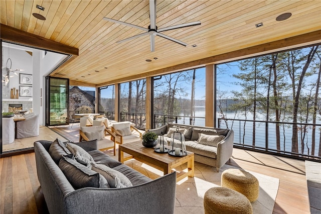 sunroom with ceiling fan, a water view, and wood ceiling