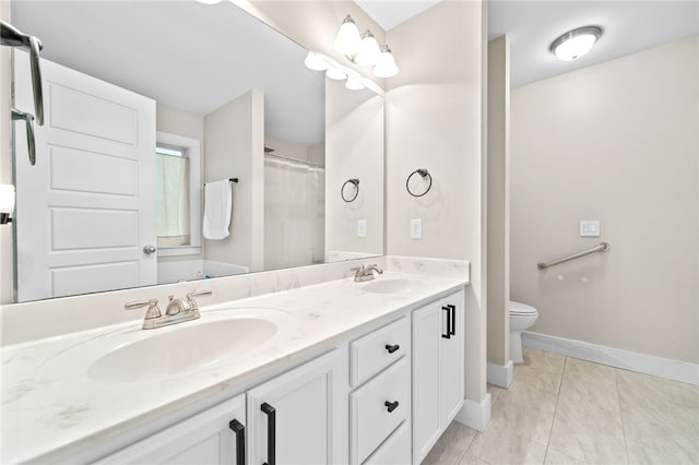 bathroom featuring vanity, toilet, curtained shower, and tile patterned flooring