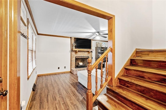 interior space with wood-type flooring, ornamental molding, ceiling fan, and a fireplace