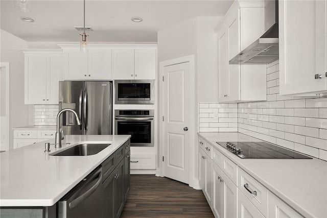 kitchen with white cabinets, appliances with stainless steel finishes, sink, and wall chimney range hood