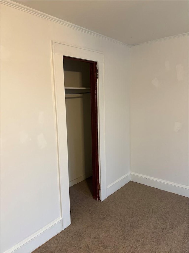 unfurnished bedroom with crown molding, carpet floors, and a closet