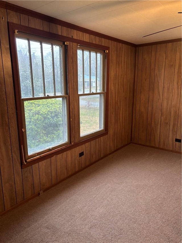 carpeted empty room featuring ornamental molding and wooden walls