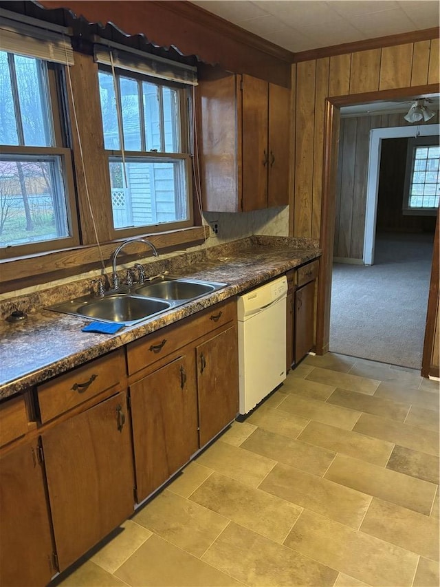 kitchen with white dishwasher, sink, and wood walls