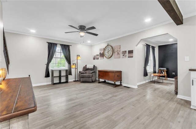 3 Wisteria Ln, Piedmont, SC 29673 - living area with crown molding, ceiling fan, and light hardwood / wood-style floors