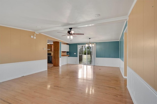 3301 Jones Chapel Rd, Honea Path, SC 29654 - empty room featuring lofted ceiling with beams, crown molding, ceiling fan with notable chandelier, and light hardwood / wood-style floors