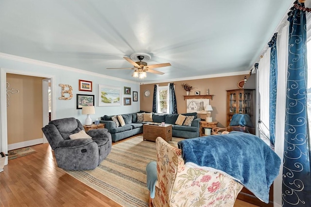 living room featuring ceiling fan, ornamental molding, and light hardwood / wood-style flooring