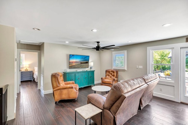 living room featuring dark wood-type flooring