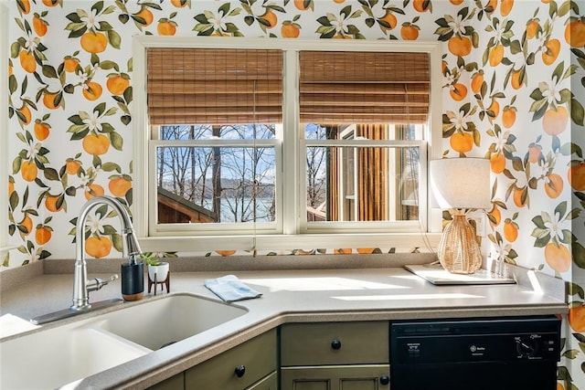 interior space featuring sink, green cabinetry, and dishwasher