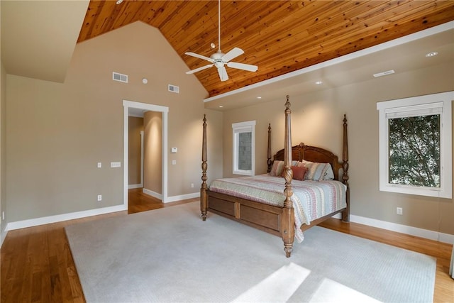 bedroom with ceiling fan, high vaulted ceiling, light hardwood / wood-style flooring, and wooden ceiling