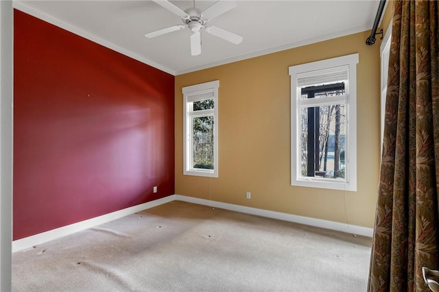 carpeted empty room featuring crown molding and ceiling fan