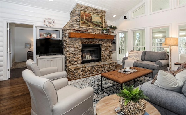 living room featuring dark wood-style floors, wood ceiling, a fireplace, and high vaulted ceiling