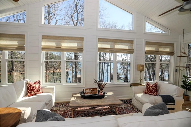 sunroom featuring wood ceiling, ceiling fan, and vaulted ceiling