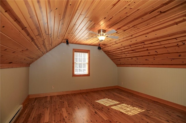 bonus room with lofted ceiling, wooden ceiling, baseboard heating, and wood finished floors