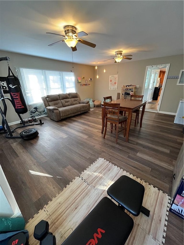 dining area featuring dark wood-type flooring and ceiling fan