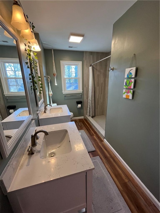 bathroom featuring wood-type flooring, plenty of natural light, vanity, and walk in shower