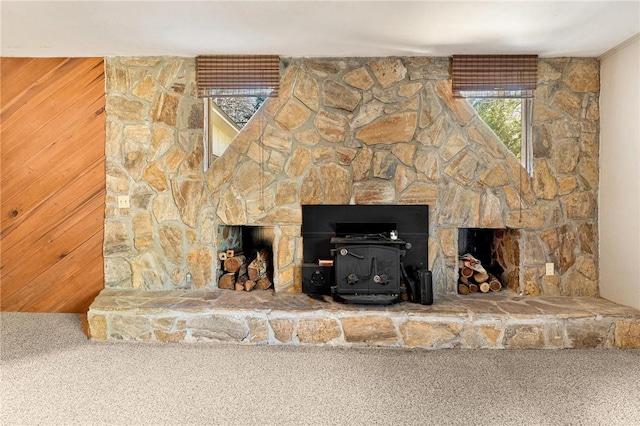 room details with carpet flooring and a wood stove