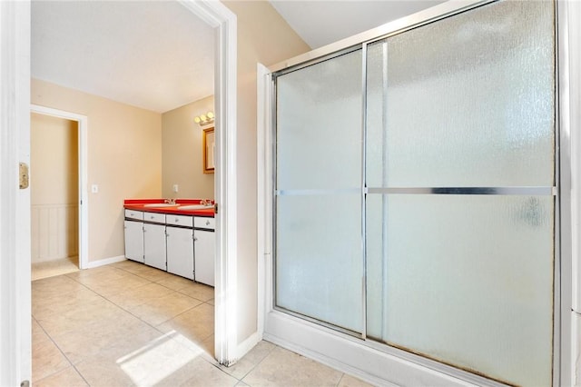 540 Gnats Hollow Rd, Mountain Rest, SC 29664 - bathroom featuring tile patterned floors, an enclosed shower, vanity, and baseboards