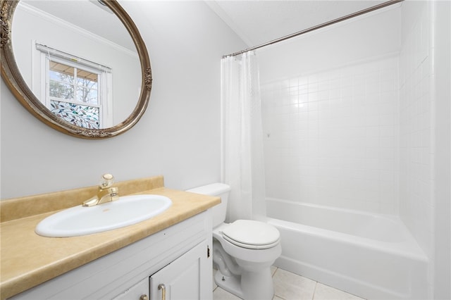 full bathroom with crown molding, tile patterned flooring, shower / tub combo, vanity, and toilet