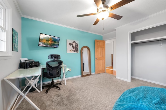 carpeted home office with crown molding and ceiling fan