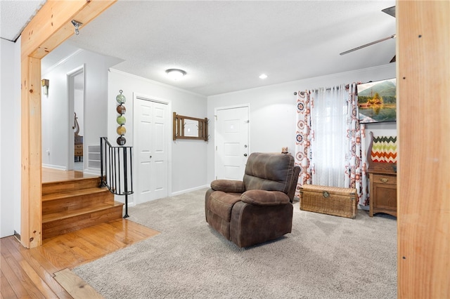 sitting room featuring crown molding, ceiling fan, and light carpet