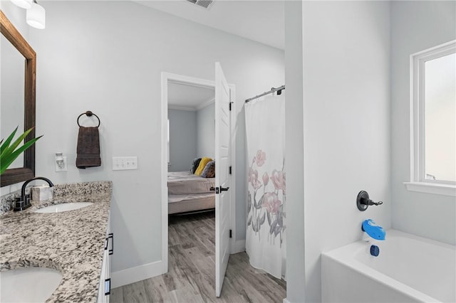 bathroom featuring vanity and hardwood / wood-style floors