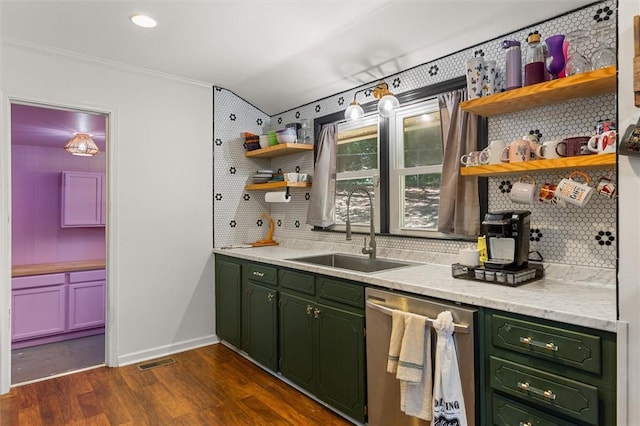 bar featuring sink, stainless steel dishwasher, backsplash, and dark hardwood / wood-style flooring