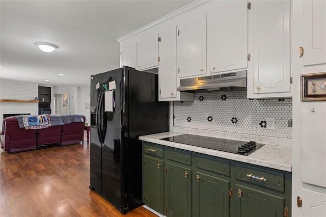 kitchen with backsplash, white cabinets, dark hardwood / wood-style flooring, and black appliances