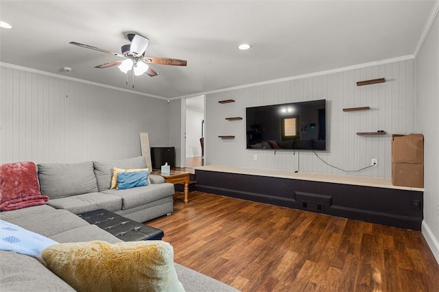 living room featuring ornamental molding, dark hardwood / wood-style floors, and ceiling fan