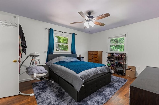 bedroom with multiple windows, dark wood-type flooring, and ceiling fan