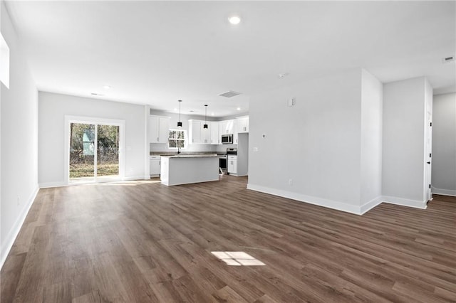 unfurnished living room featuring sink and dark hardwood / wood-style flooring