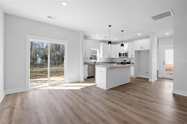 117 Norbert Ln, Anderson, SC 29624 - kitchen featuring appliances with stainless steel finishes, light stone counters, white cabinetry, pendant lighting, and a kitchen island