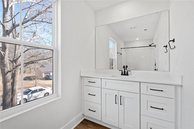 117 Norbert Ln, Anderson, SC 29624 - bathroom with hardwood / wood-style flooring, vanity, and walk in shower