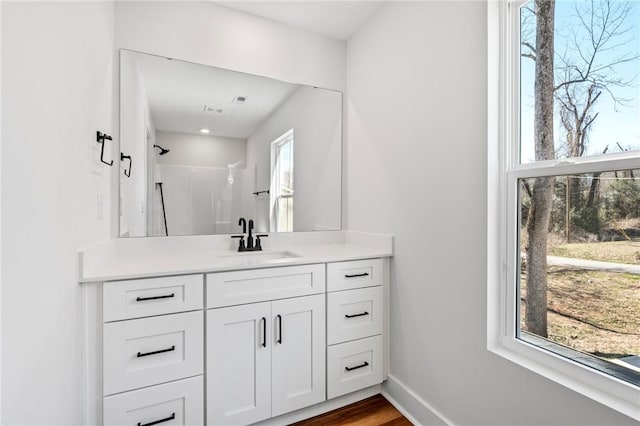 104 Norbert Ln, Anderson, SC 29624 - bathroom featuring a shower, vanity, and hardwood / wood-style floors