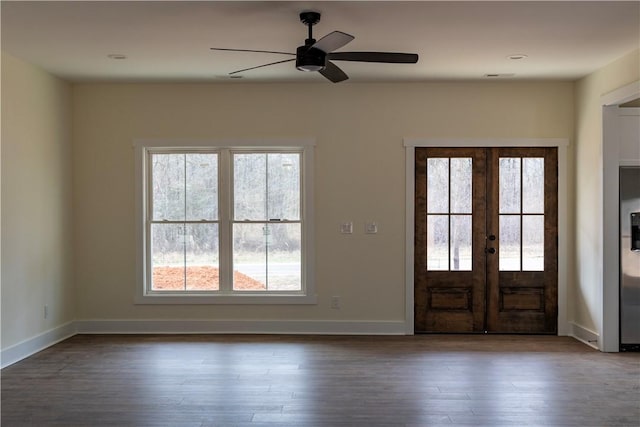 entryway with french doors, hardwood / wood-style floors, and ceiling fan