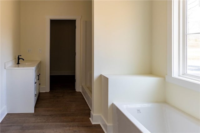 bathroom featuring vanity, hardwood / wood-style floors, and a bathtub