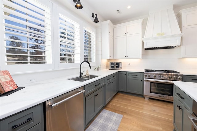 kitchen with appliances with stainless steel finishes, sink, white cabinets, and premium range hood